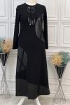 724 Deri Detay Elbise Siyah