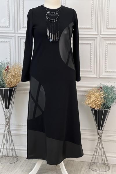 724 Deri Detay Elbise Siyah