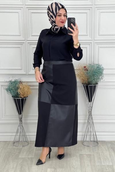 738 Deri Detay Etek  Siyah