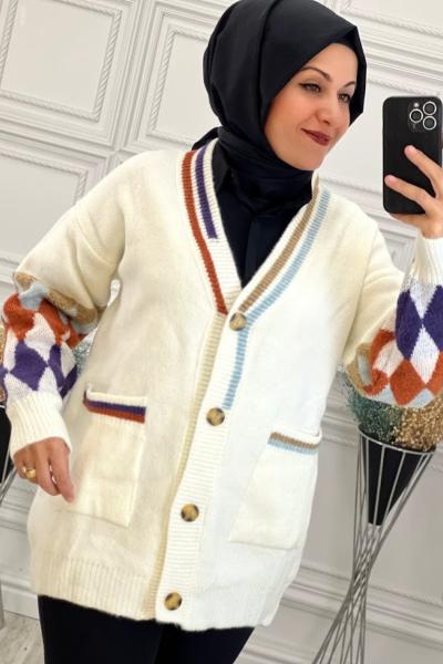 7928 Kolu Baklava Desenli Hırka Krem Krem