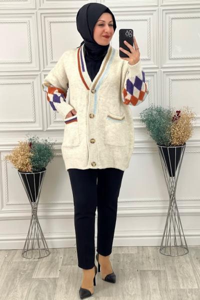 7928 Kolu Baklava Desenli Hırka Bej Bej