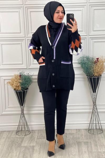 7928 Kolu Baklava Desenli Hırka Siyah Siyah