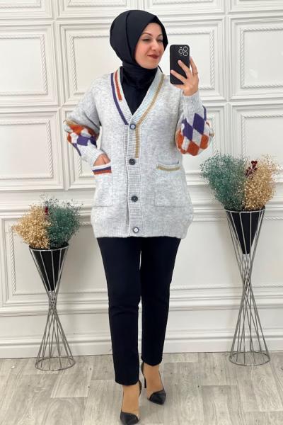 7928 Kolu Baklava Desenli Hırka Gri Gri