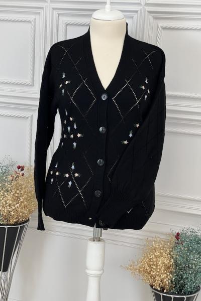 8062 Nakış Desenli Hırka Siyah Siyah