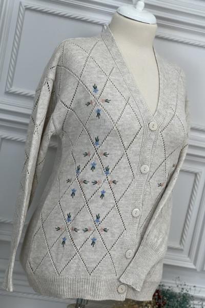 8062 Nakış Desenli Hırka Bej Bej