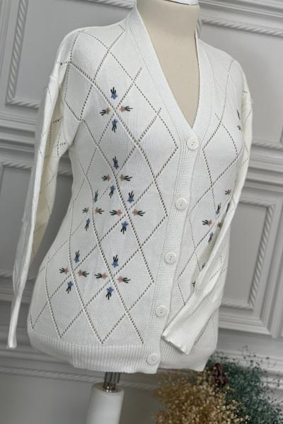 8062 Nakış Desenli Hırka Beyaz Beyaz