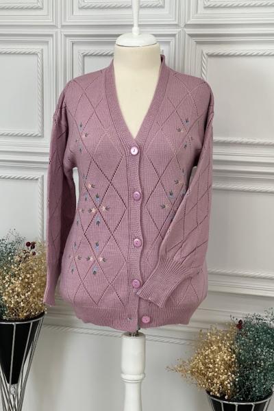 8062 Nakış Desenli Hırka Pembe Pembe