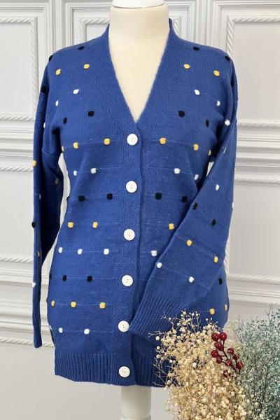 8128 Renkli Benekli Hırka Saks  Saks Mavisi