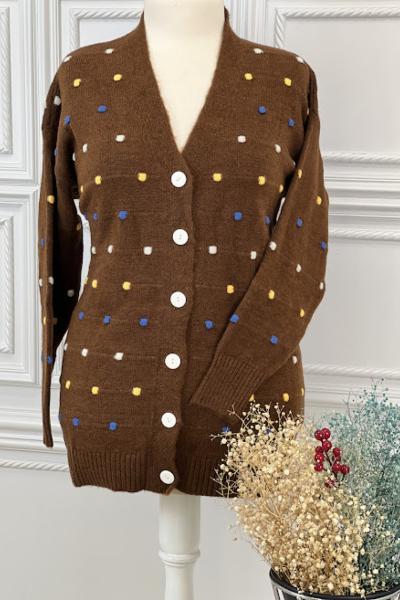 8128 Renkli Benekli Hırka Kahve Kahverengi