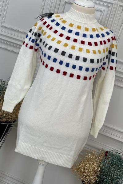 8130 Renkli Kare Desenli Triko Tunik Krem Krem