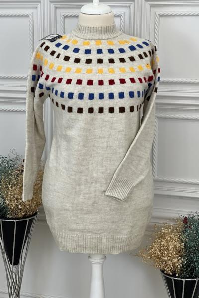 8130 Renkli Kare Desenli Triko Tunik Taş Taş Rengi