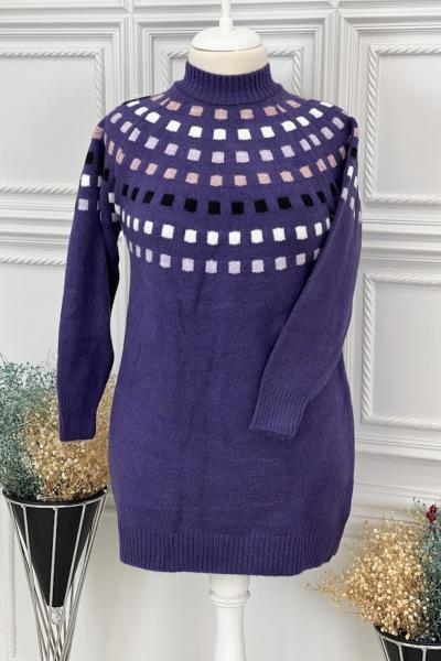 8130 Renkli Kare Desenli Triko Tunik Mor Mor