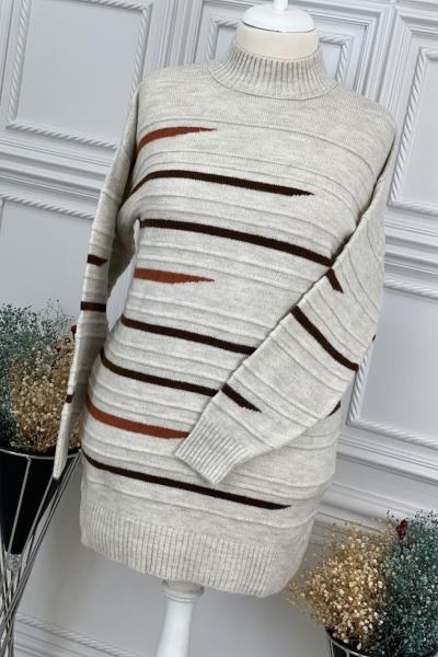 8132 Çizgili Triko Tunik Taş Taş Rengi
