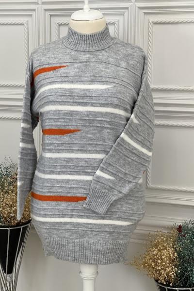 8132 Çizgili Triko Tunik Gri Gri