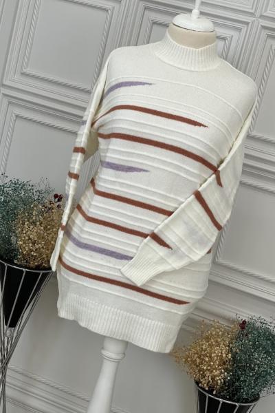 8132 Çizgili Triko Tunik Krem Krem