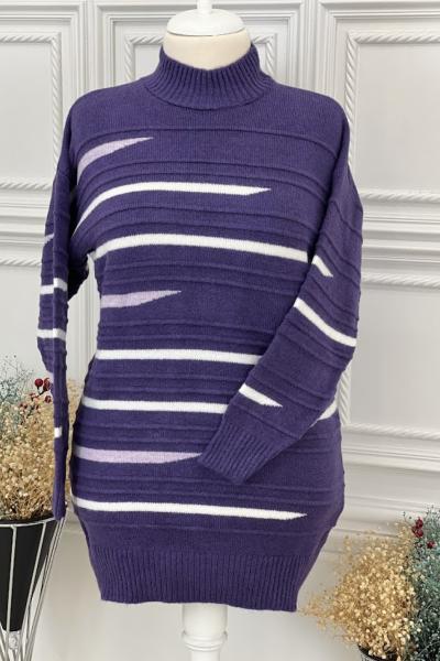 8132 Çizgili Triko Tunik Mor Koyu Mor