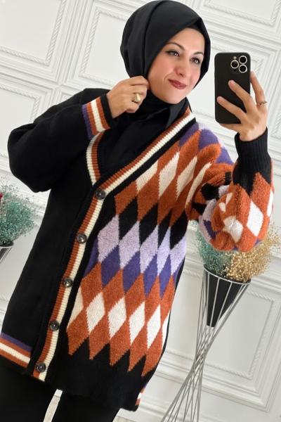 8142 Bir Yanı Baklava Desenli Hırka Siyah Siyah