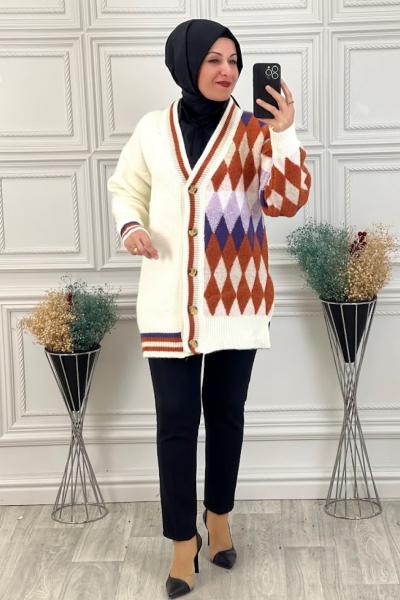 8142 Bir Yanı Baklava Desenli Hırka Krem Krem