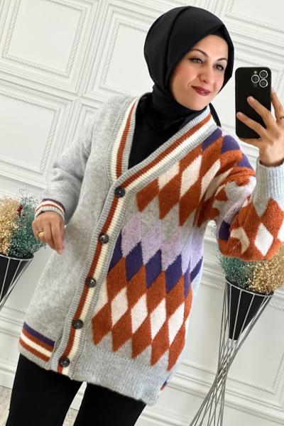 8142 Bir Yanı Baklava Desenli Hırka Gri Gri