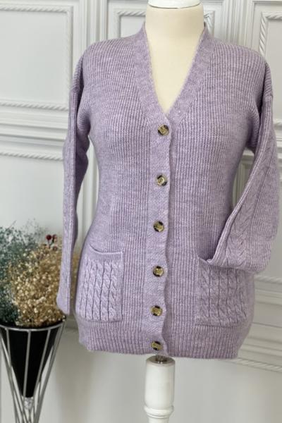 8146 Cep Kol Örgü Desenli Hırka Lila Lila