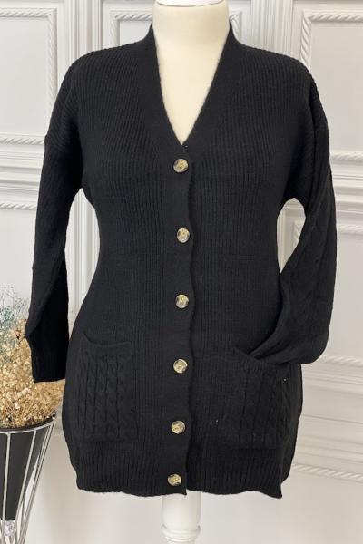 8146 Cep Kol Örgü Desenli Hırka Siyah Siyah