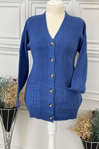 8146 Cep Kol Örgü Desenli Hırka Saks Saks Mavisi