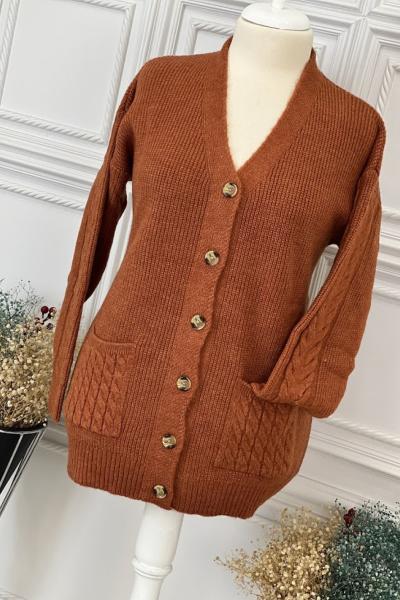 8146 Cep Kol Örgü Desenli Hırka Kiremit Kiremit