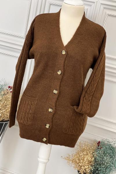 8146 Cep Kol Örgü Desenli Hırka Kahverengi Kahverengi