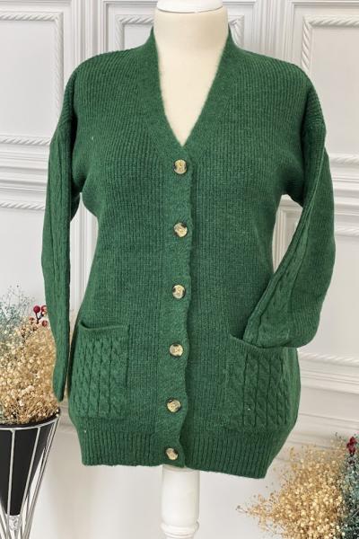 8146 Cep Kol Örgü Desenli Hırka Zümrüt Zümrüt