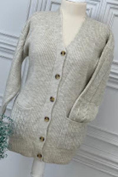 8146 Cep Kol Örgü Desenli Hırka Taş  Taş Rengi