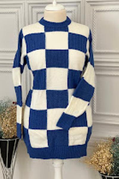 8154 Dama Desenli Triko Tunik Saks Saks Mavisi