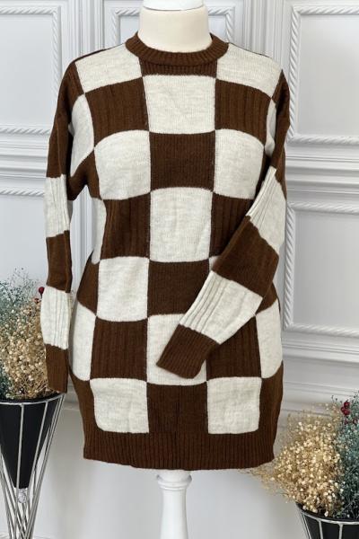 8154 Dama Desenli Triko Tunik Kahve Kahverengi