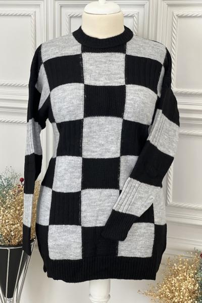 8154 Dama Desenli Triko Tunik Siyah Siyah