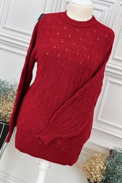 8166 Baklava Desen Triko Tunik Kırmızı Kırmızı