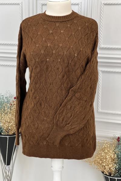 8166 Baklava Desen Triko Tunik Kahve  Kahverengi