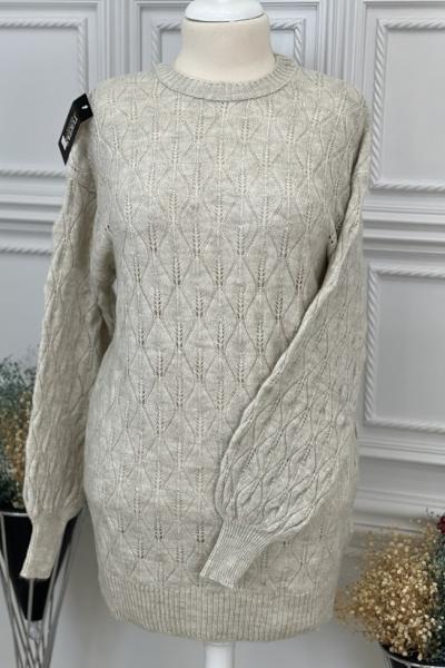 8166 Baklava Desen Triko Tunik Bej Bej