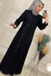 8214 Bir Yanı Taşlı Ferace Siyah Siyah