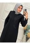 8216 Taşlı Ferace Siyah Siyah
