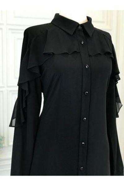 8639 Yaka Fırfırlı Tunik Siyah