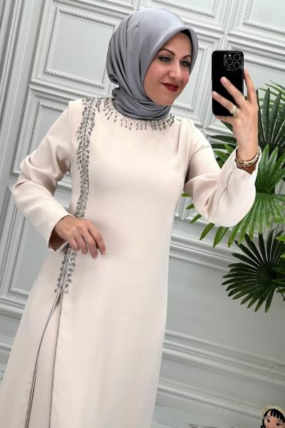 8829 Elbise  Taş Rengi