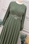 3436 Çiçek Detay Tesettür Abiye Yeşil Yeşil