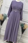 3436 Çiçek Detay Tesettür Abiye Lila Lila