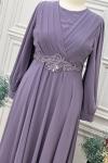 3436 Çiçek Detay Tesettür Abiye Lila Lila