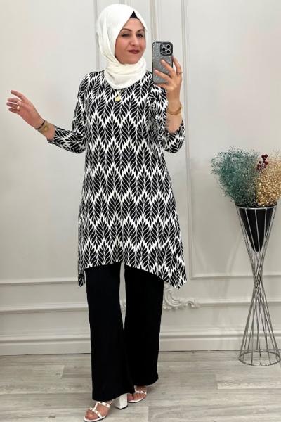 Yaprak Desenli Takım Siyah Siyah