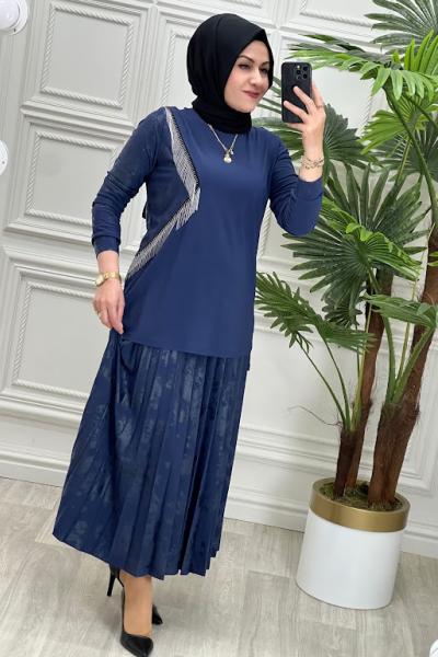 1088 Zincir Detay Etekli Takım  İndigo