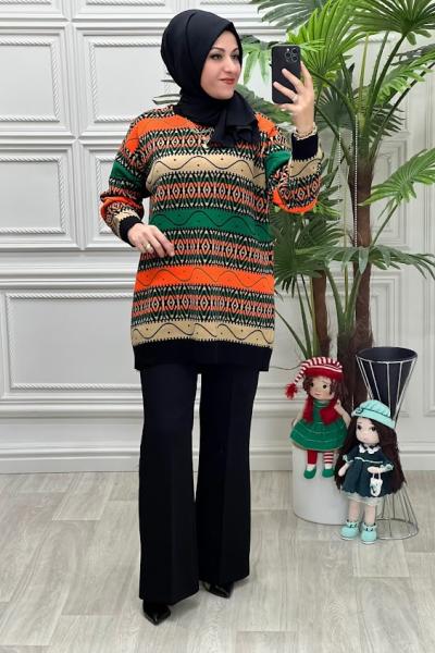 2307 Etnik Desen Triko Tunik Turuncu Turuncu