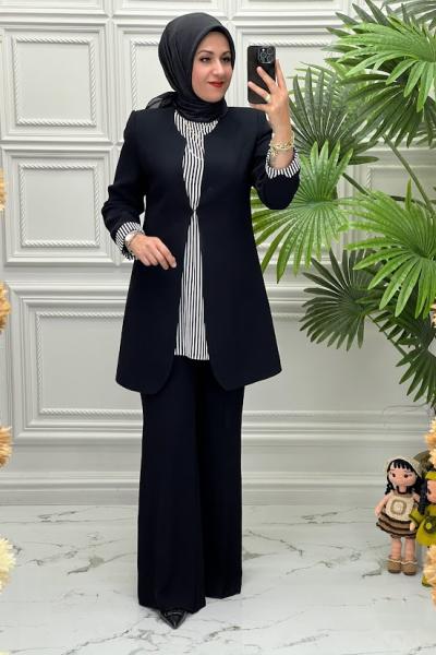 2653 Çizgili Ceketli Takım  Siyah