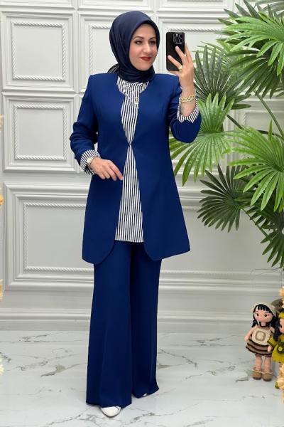 2653 Çizgili Ceketli Takım İndigo