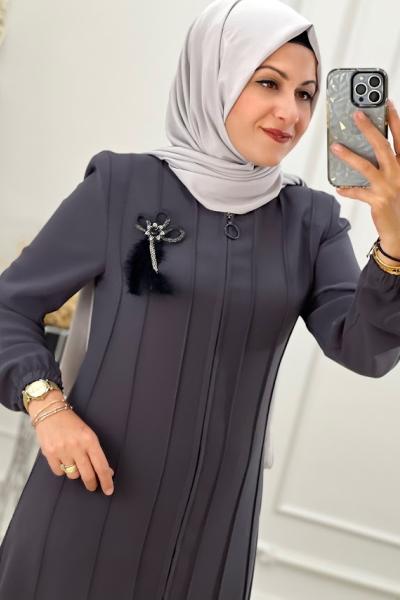 3009 Dikiş Parçalı Ferace Gri Gri