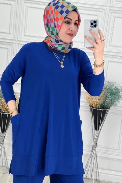 5015 Cepli Tesettür Takım   Saks Mavisi
